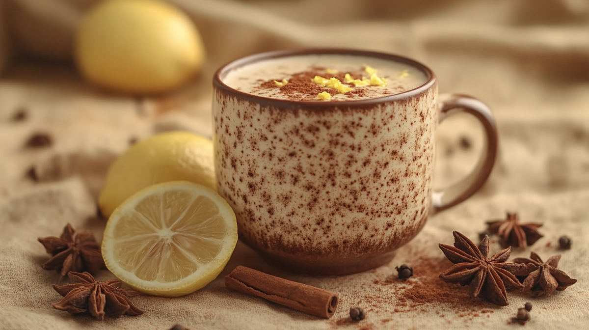 Eine Tasse Chai Latte mit Zitrone. Daneben liegen Gewürze.