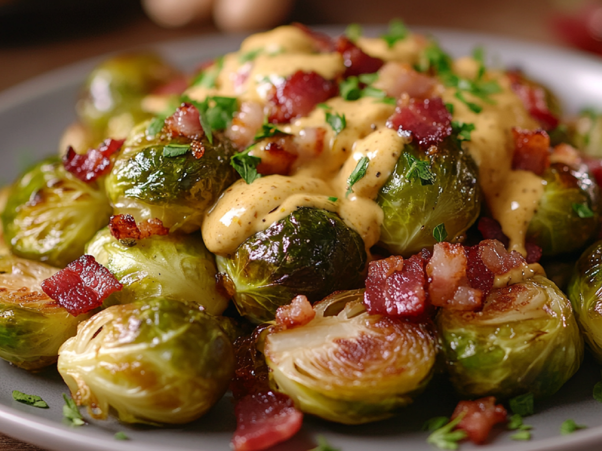 Gebackener Rosenkohl mit Speck und Senfsoße verspricht deftigen Genuss