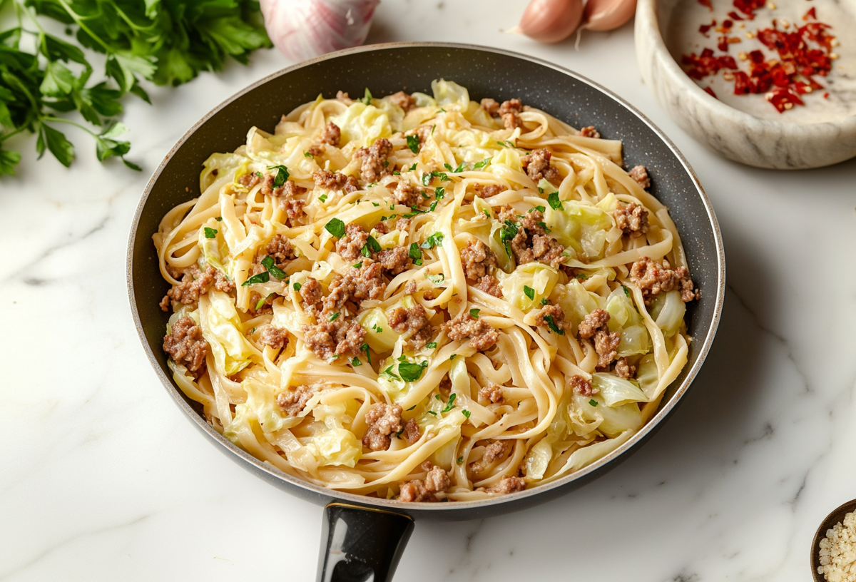 Hackfleisch-Kohl-Pfanne mit Nudeln, daneben frische Petersilie, Knoblauchzehen und einige weitere Zutaten.