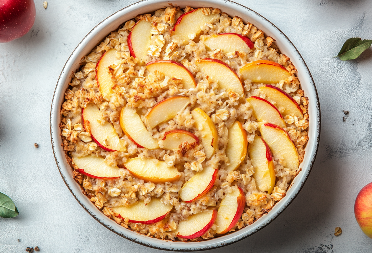 Eine Auflaufform mit Haferflocken-Apfel-Auflauf.