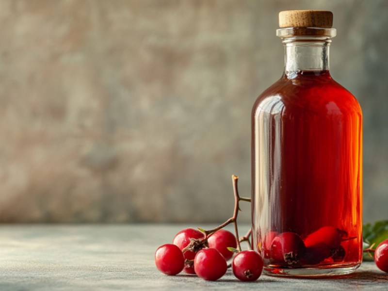 Eine Flasche Hagebuttenessig. Daneben liegen frische Hagebutten.