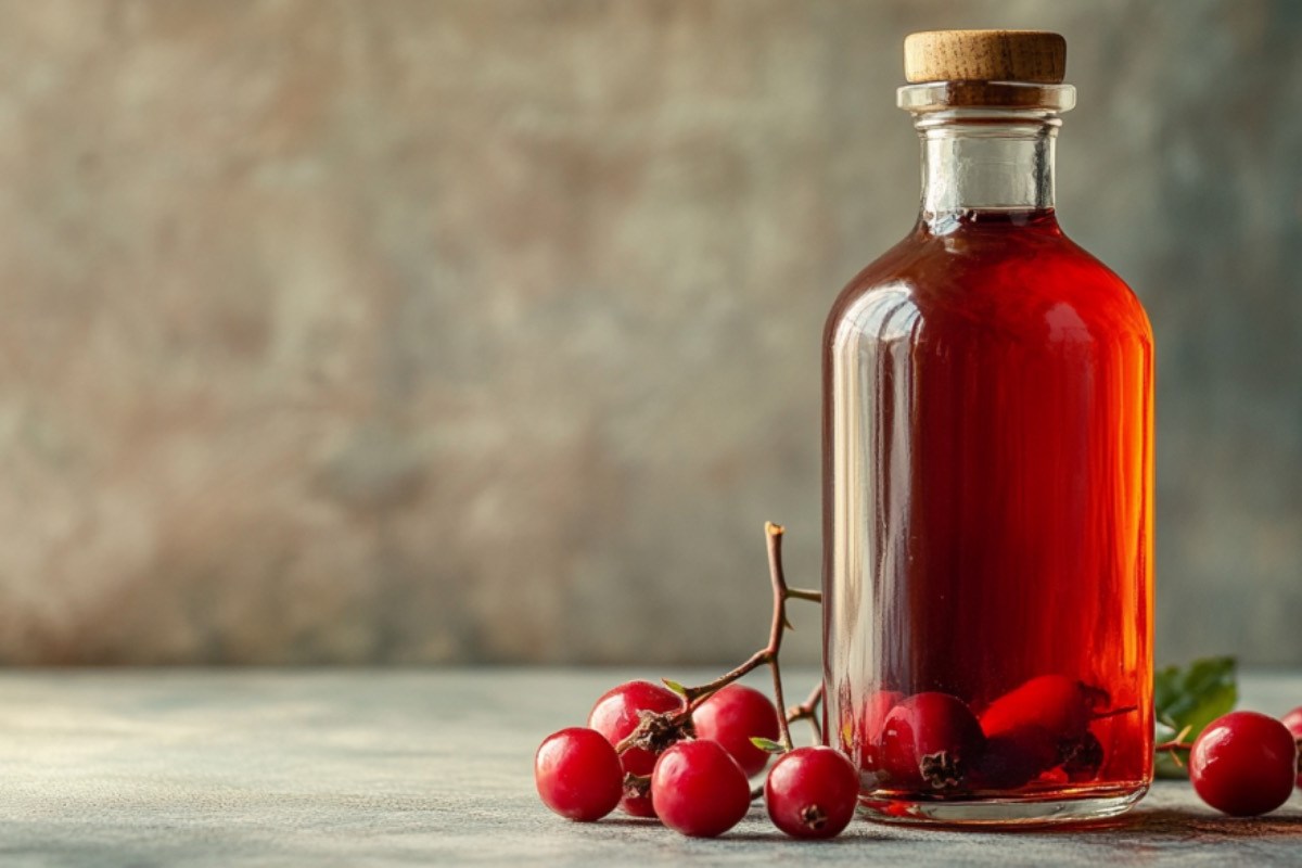 Eine Flasche Hagebuttenessig. Daneben liegen frische Hagebutten.