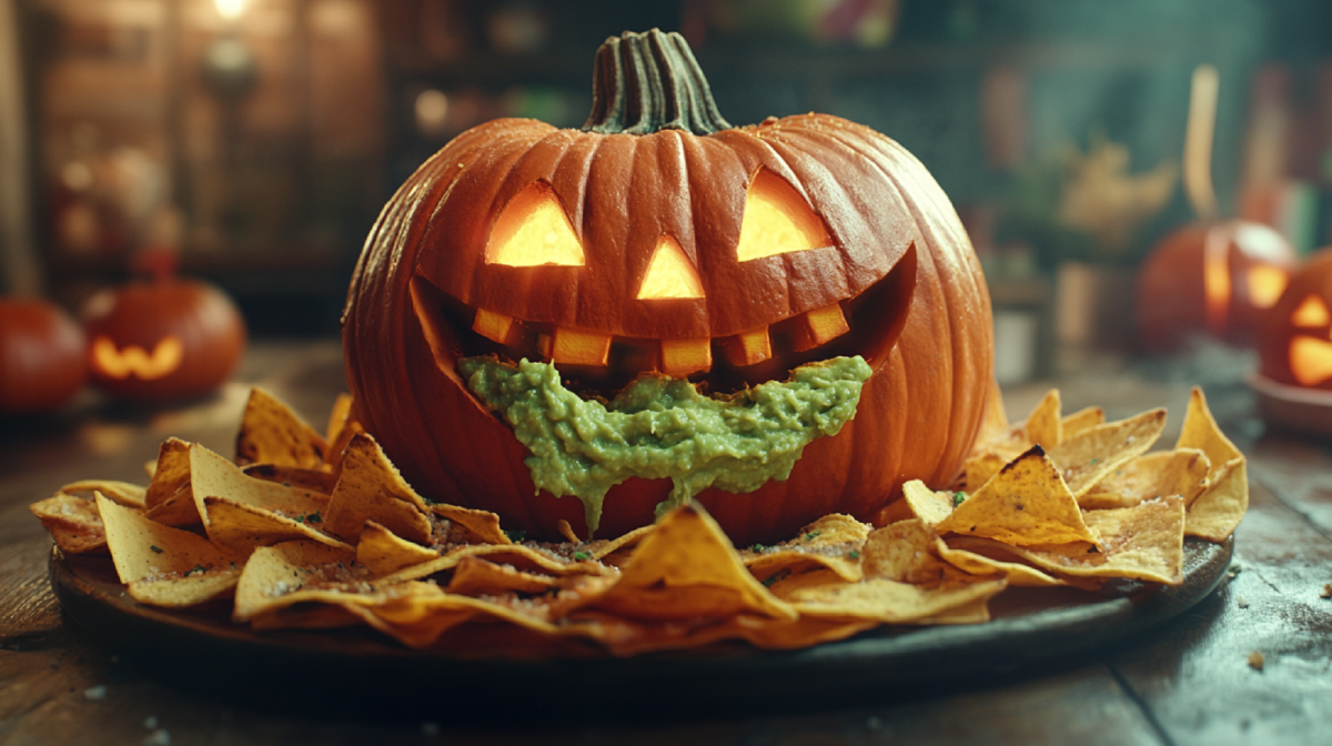 Halloween-Kürbis mit Guacamole und Nachos