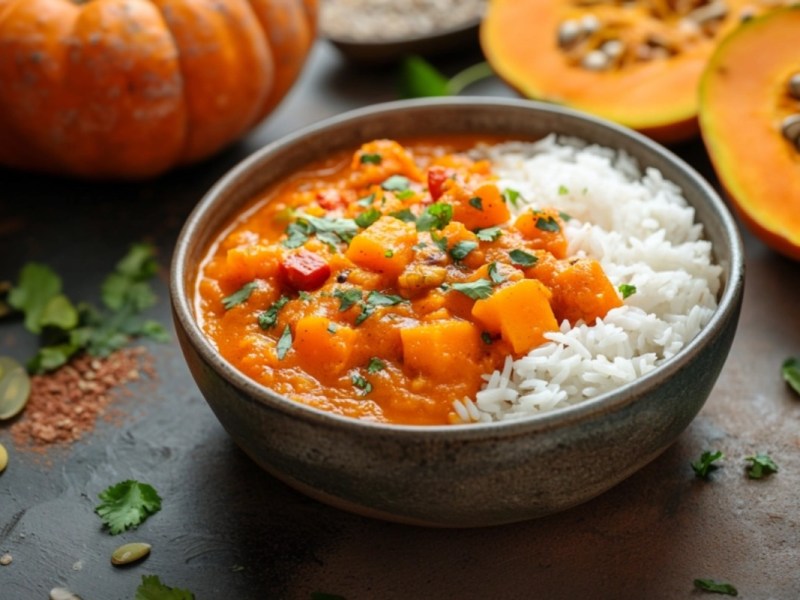 Indisches Kürbis-Curry mit Reis in einer Schale. Im Hintergrund sind Kürbisse zu sehen.