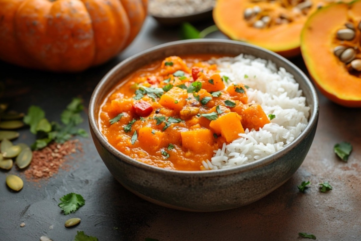 Indisches Kürbis-Curry mit Reis in einer Schale. Im Hintergrund sind Kürbisse zu sehen.