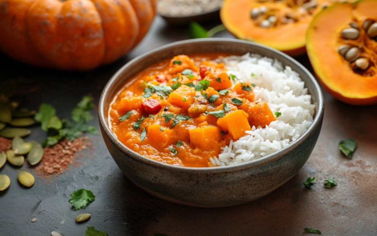 Indisches Kürbis-Curry mit Reis in einer Schale. Im Hintergrund sind Kürbisse zu sehen.