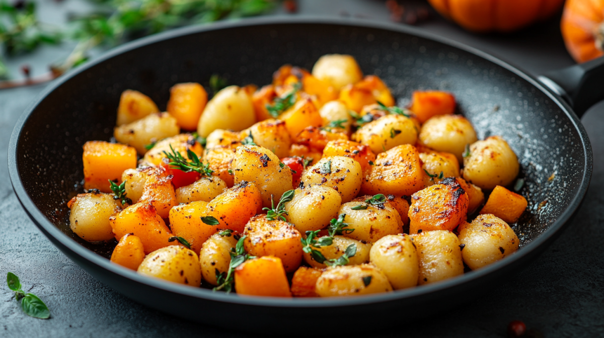 Kürbis-Gnocchi-Pfanne mi Kräutern in einer Pfanne.