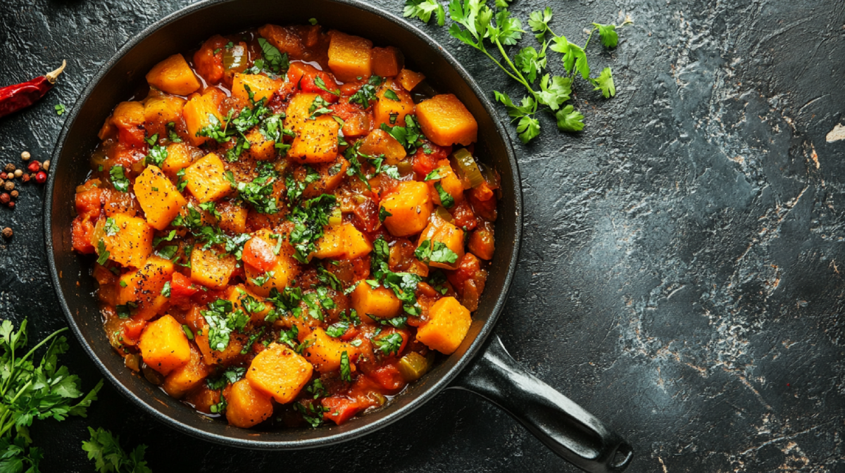 Pfanne mit Kürbis-Gulasch