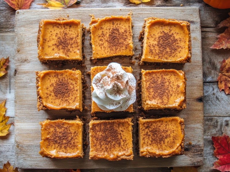 Neun Stücke Pumpkin Spice Latte Kuchen in der Draufsicht.