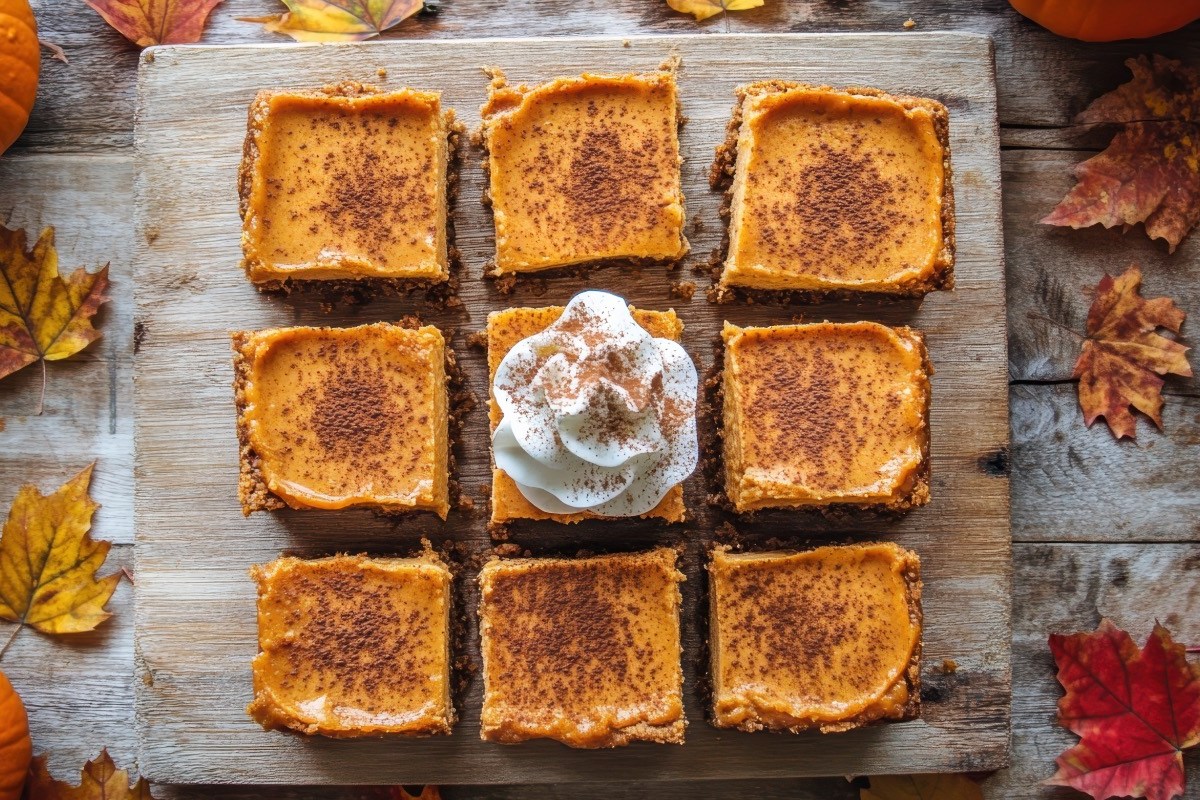 Neun Stücke Pumpkin Spice Latte Kuchen in der Draufsicht.