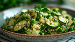 Quinotto mit Feta, Zucchini und Erbsen auf einem Teller, Nahaufnahme.