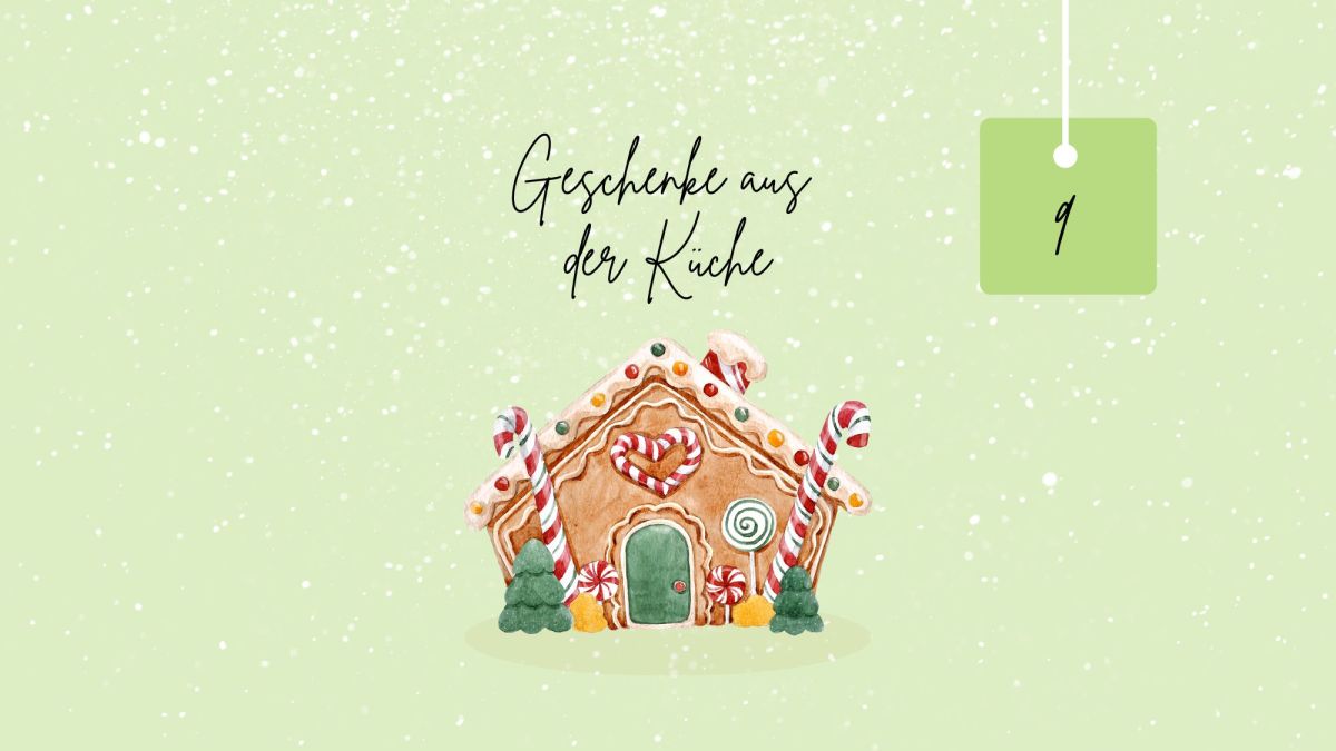 selbst gemachte GewÃ¼rze verschenken: Lebkuchenhaus mit Schriftzug und Zahl auf grÃ¼nem Hintergrund.