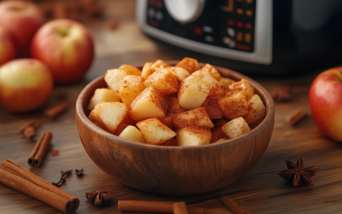 Äpfel aus dem Airfryer in einer Schüssel. Im Hintergrund sind Äpfel und die Heißluftfritteuse zu sehen.