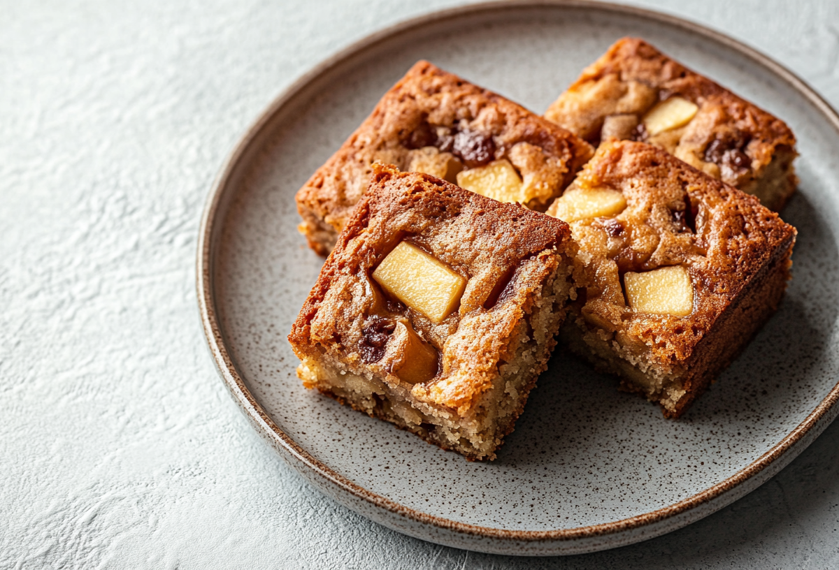 4 Stücke Apfel-Zimt-Kuchen auf einem Teller.