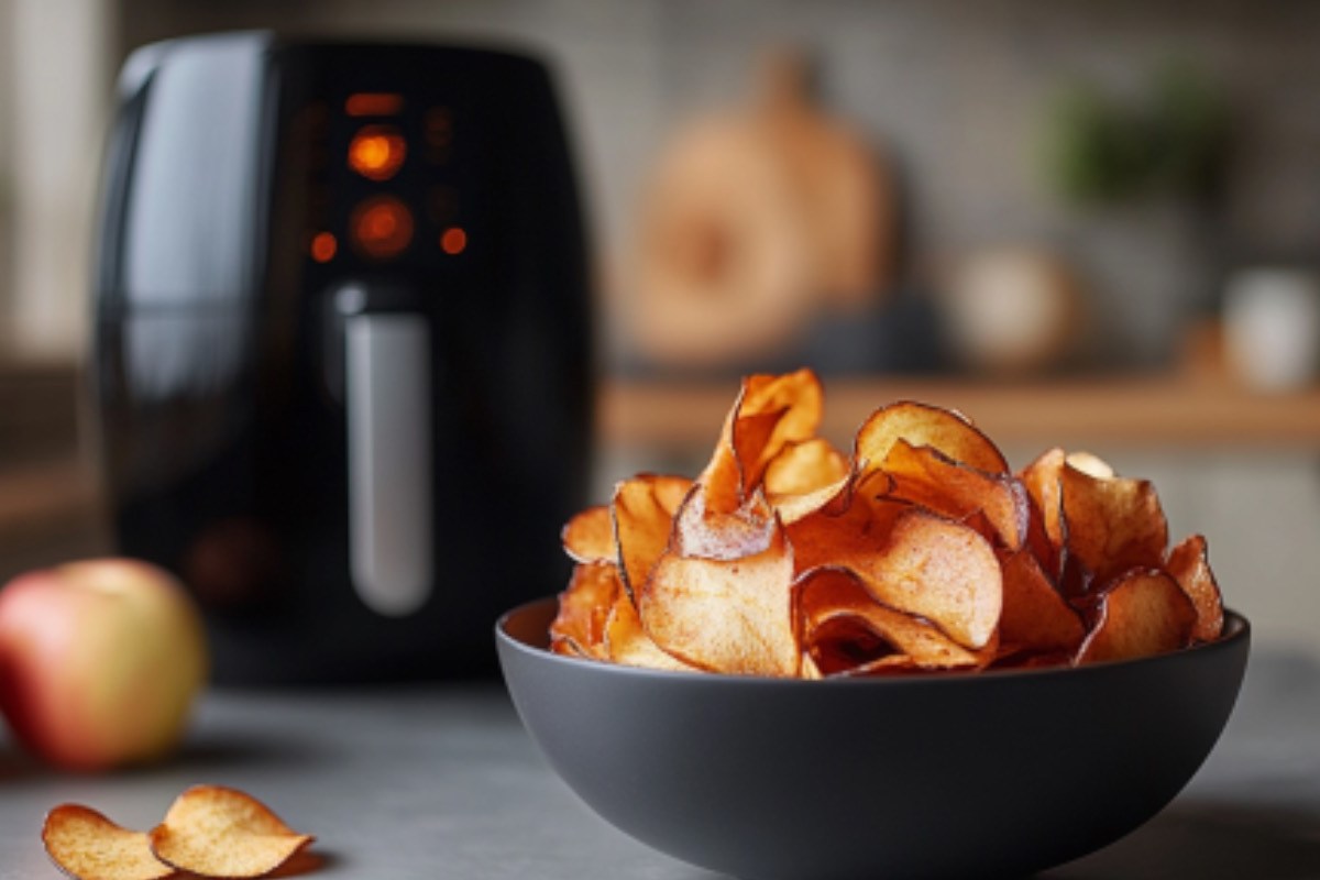 Apfelchips aus der Heißluftfritteuse in einer Schale. Im Hintergrund ist der Airfryer zu sehen.