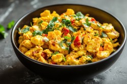 Bhurji: indisches Rührei in einer dunklen Schüssel.