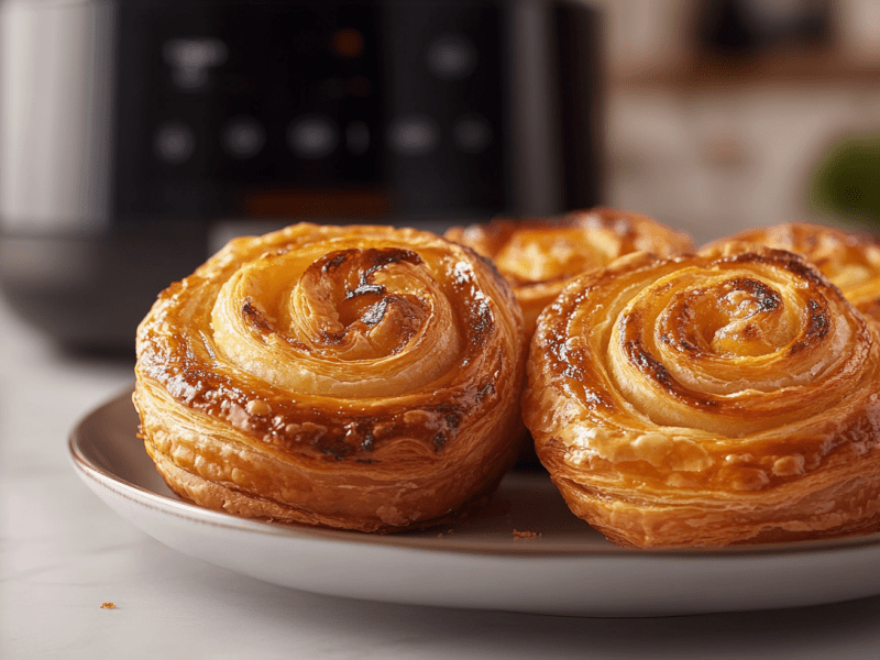 Ein Teller BlÃ¤tterteigschnecken aus der HeiÃŸluftfritteuse. Im Hintergrund ein Airfryer.