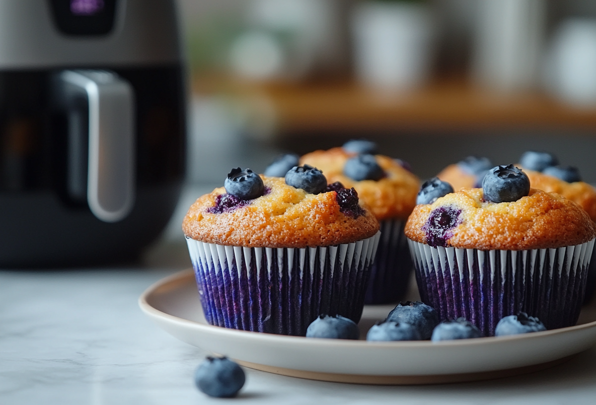 ein paar Blaubeermuffins aus der Heißluftfritteuse auf einem Teller, im Hintergrund unscharf eine solche Fritteuse.