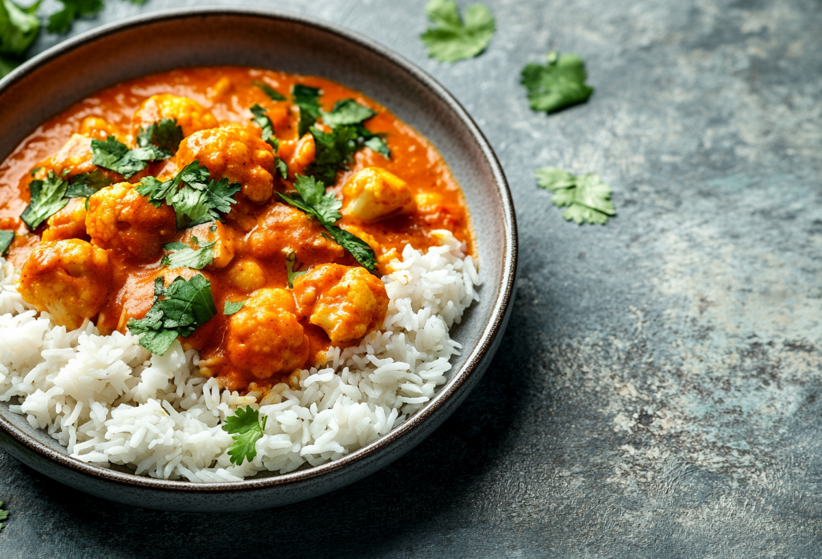 Blumenkohl-Curry aus dem Ofen mit Reis auf einem Teller, bestreut mit Koriander.