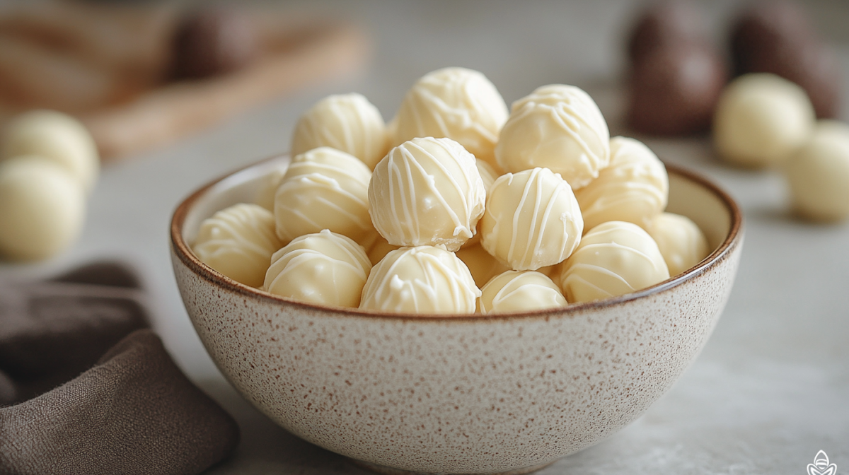 Eine SchÃ¼ssel Bratapfel-Pralinen mit Schokolade verziert.