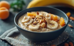 Eine Schüssel Buchweizengrütze mit süßen Toppings.