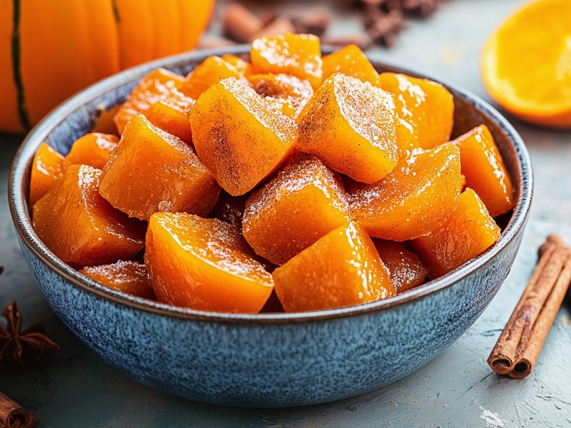 Calabaza en Tacha: mexikanischer Kürbis in Sirup in einer Schüssel.