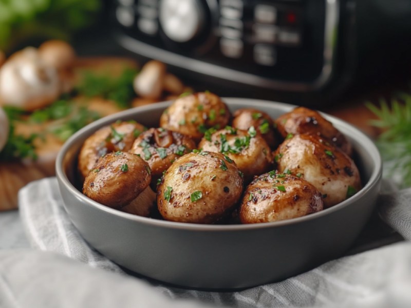 Champignons aus der Heißluftfritteuse in einer Schale. Im Hintergrund ist die Heißluftfritteuse zu sehen.