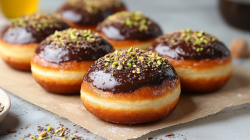 6 Dubai-Schokolade-Donuts mit Pistazien bestreut und Schokolade überzogen auf Backpapier.