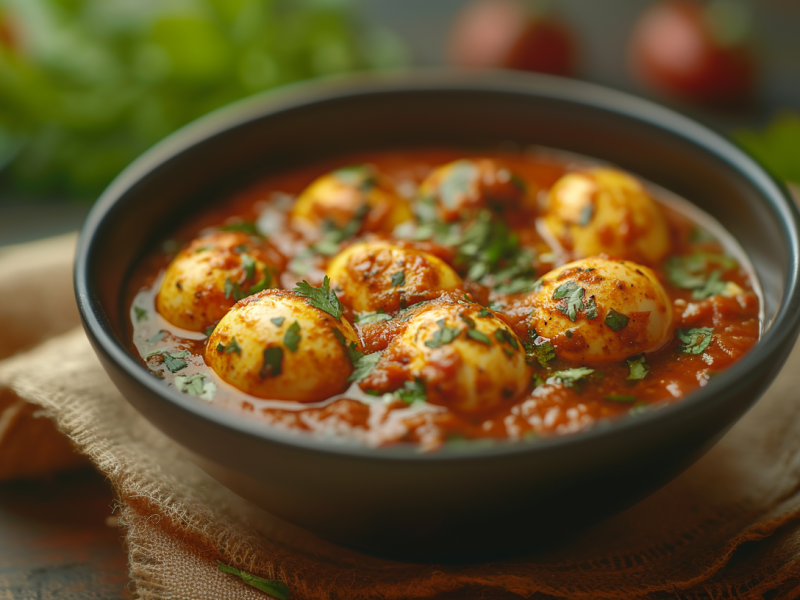 Egg Masala: indisches Eier-Curry in einer schwarzen Schale.