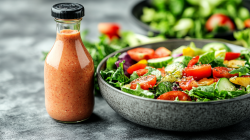 Eine Flasche French Dressing neben einer Schüssel mit Salat.