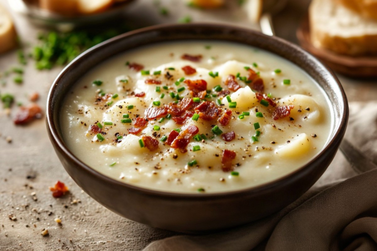 Eine Schüssel gebackene Kartoffelsuppe mit Speck und Schnittlauch.