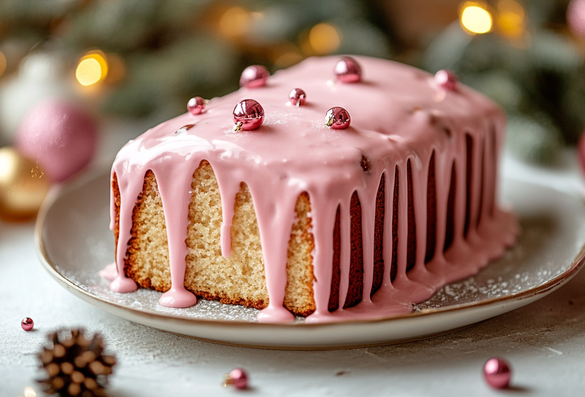 Ein GlÃ¼hweinkuchen mit pinkem Zuckerguss und Zuckerperlen uf einem Teller, drumherum Weihnachtsdeko.