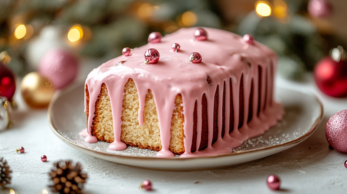 Ein Glühweinkuchen mit pinkem Zuckerguss und Zuckerperlen uf einem Teller, drumherum Weihnachtsdeko.