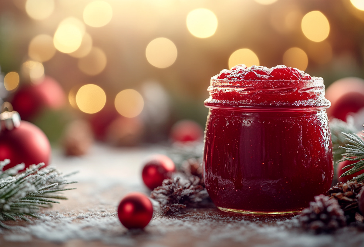 Ein Glas Glühweinmarmelade vor weihnachtlichem Hintergrund mit Weihnachtsdeko drumherum.