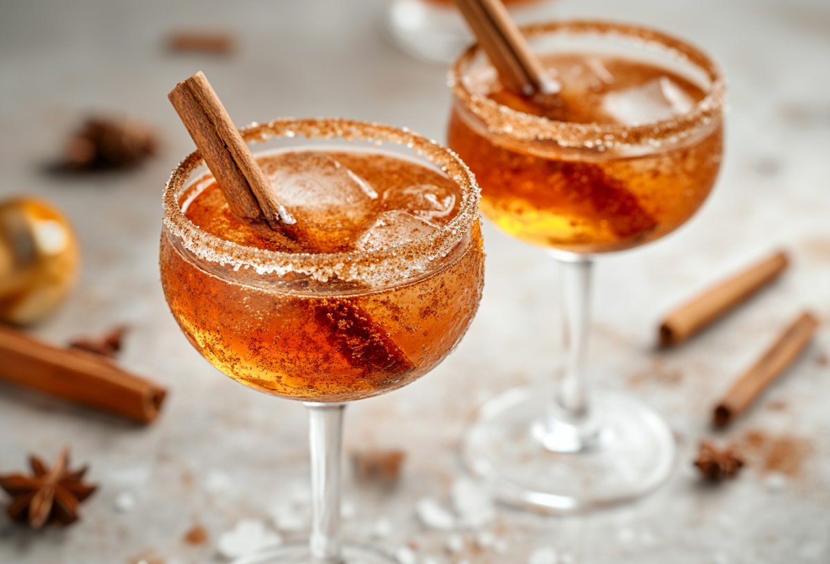 2 Gläser herbstlicher Aperol Spritz mit Eis, Zimtstange und Zimt-Zucker-Rand. Drumherum herbstliche Gewürze wie Anis und Zimtstangen.