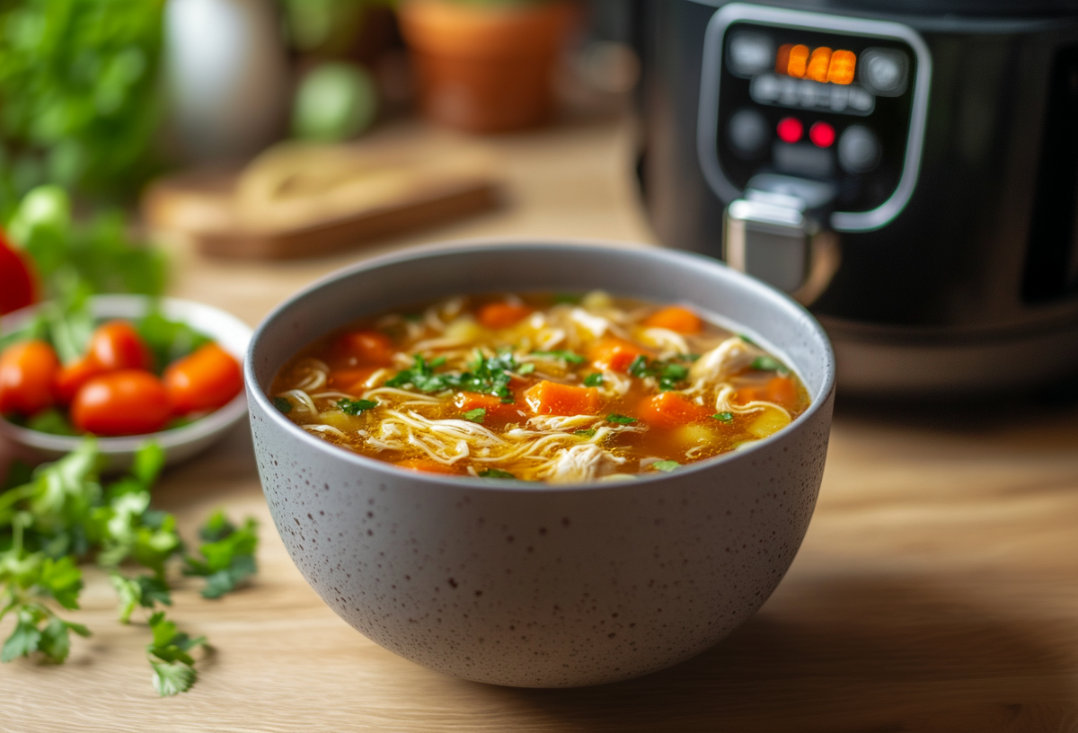 Eine Schüssel Hühnersuppe aus dem Airfryer. Dahinter steht eine Heißluftfritteuse.