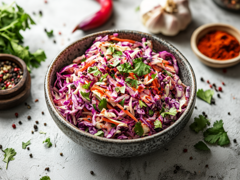 Eine Schale mit indischem Krautsalat. Daneben liegen Zutaten wie Chili, Knoblauch und Koriander.