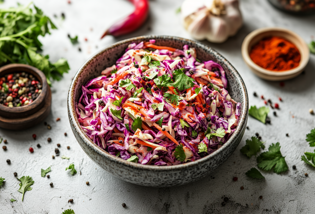 Eine Schale mit indischem Krautsalat. Daneben liegen Zutaten wie Chili, Knoblauch und Koriander.