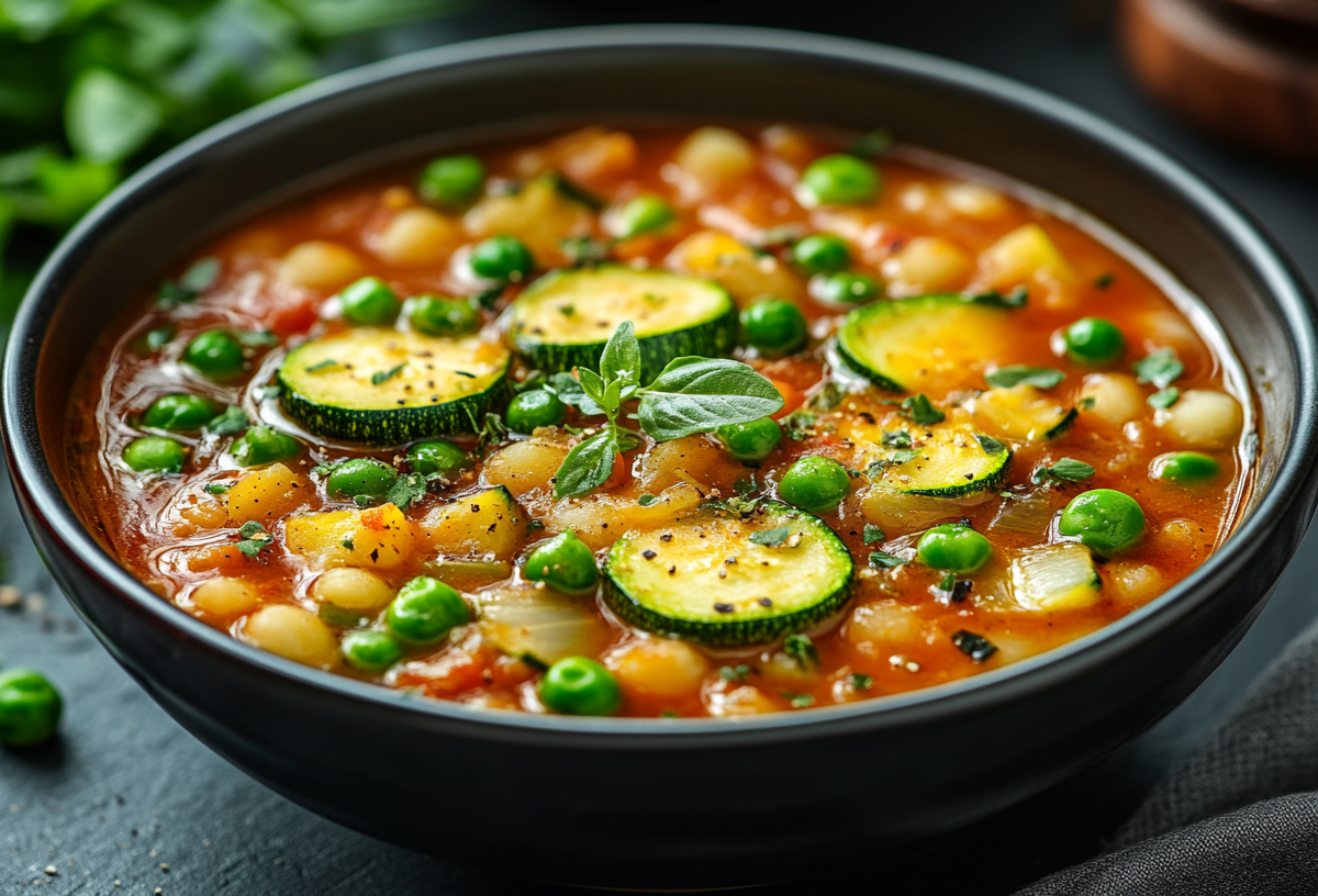 Eine SchÃ¼ssel Kichererbsensuppe mit Zucchini, Erbsen und KrÃ¤utern.