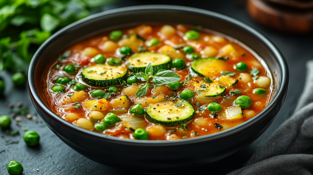 Eine Schüssel Kichererbsensuppe mit Zucchini, Erbsen und Kräutern.