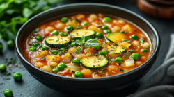 Eine Schüssel Kichererbsensuppe mit Zucchini, Erbsen und Kräutern.