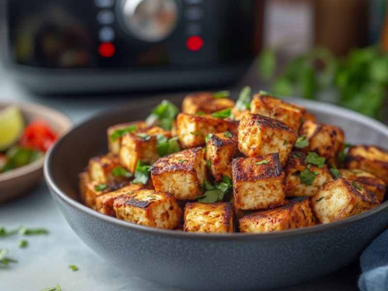 Knuspriger Tofu aus dem Airfryer in einer Schale. Die Heißluftfritteuse ist im Hintergrund zu sehen.