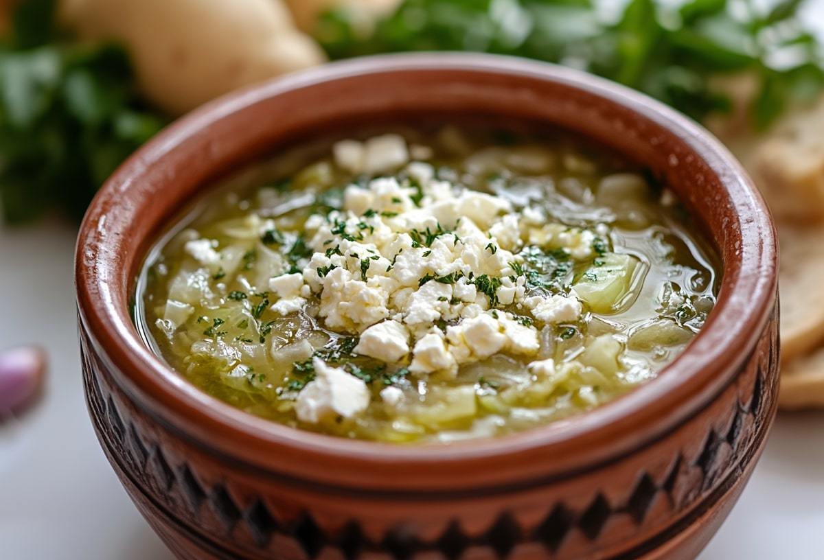 Eine Schüssel Kohlsuppe mit Feta.