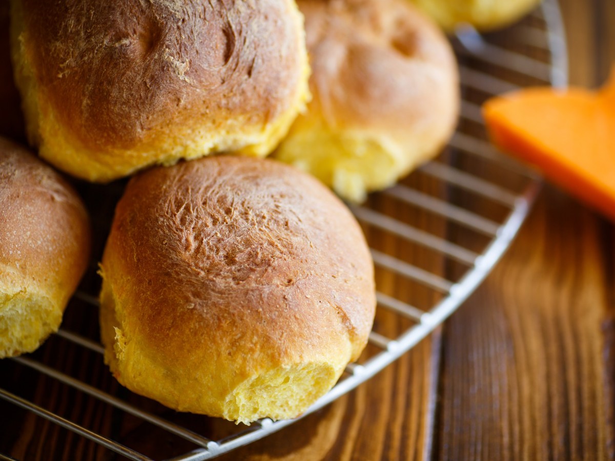 Mehrere Kürbis-Buttermilchbrötchen auf einem Kuchengitter.