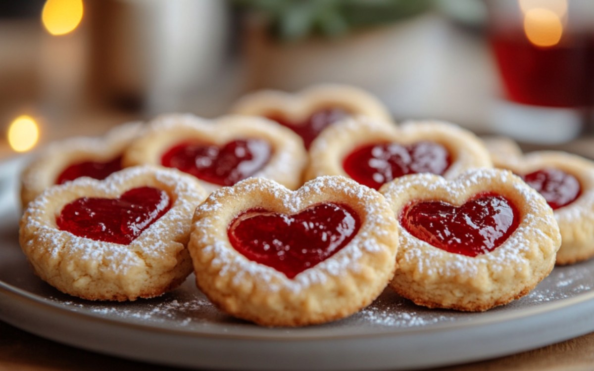 Mehrere Marzipan-Himbeer-Plätzchen auf einem Teller.