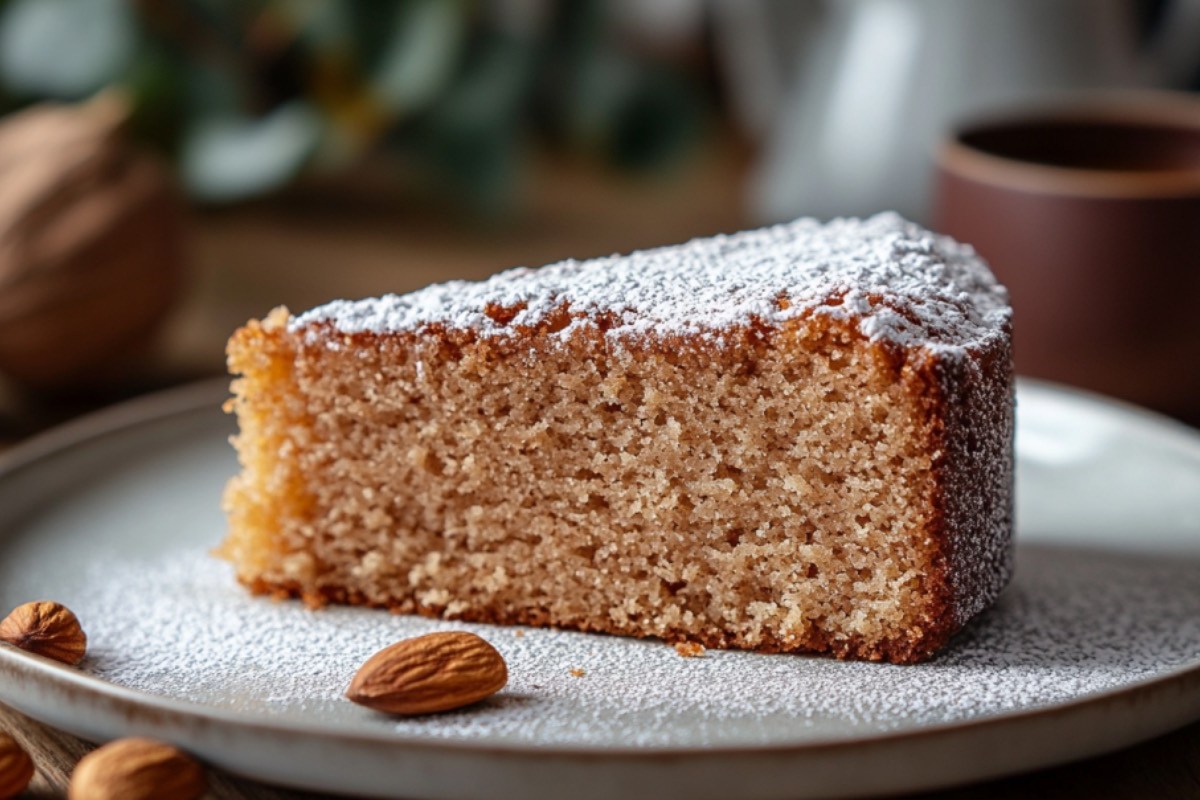 Ein Stück Marzipan-Nusskuchen mit Puderzucker auf einem Telle.r