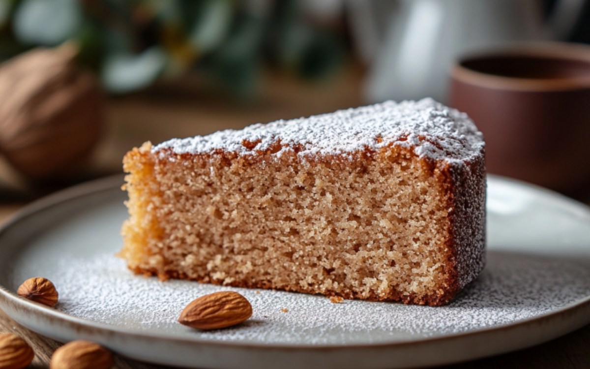 Ein Stück Marzipan-Nusskuchen mit Puderzucker auf einem Telle.r