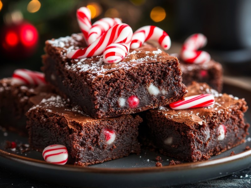 Teller mit Pfefferminz-Brownies mit Zuckerstangen