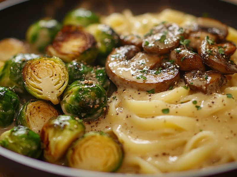 Teller mit Nudeln mit Rosenkohl-Champignon-SoÃŸe