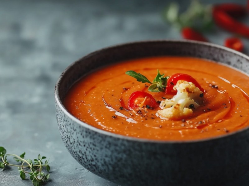 Eine Schüssel Ofenblumenkohl-Suppe mit gerösteter Paprika.